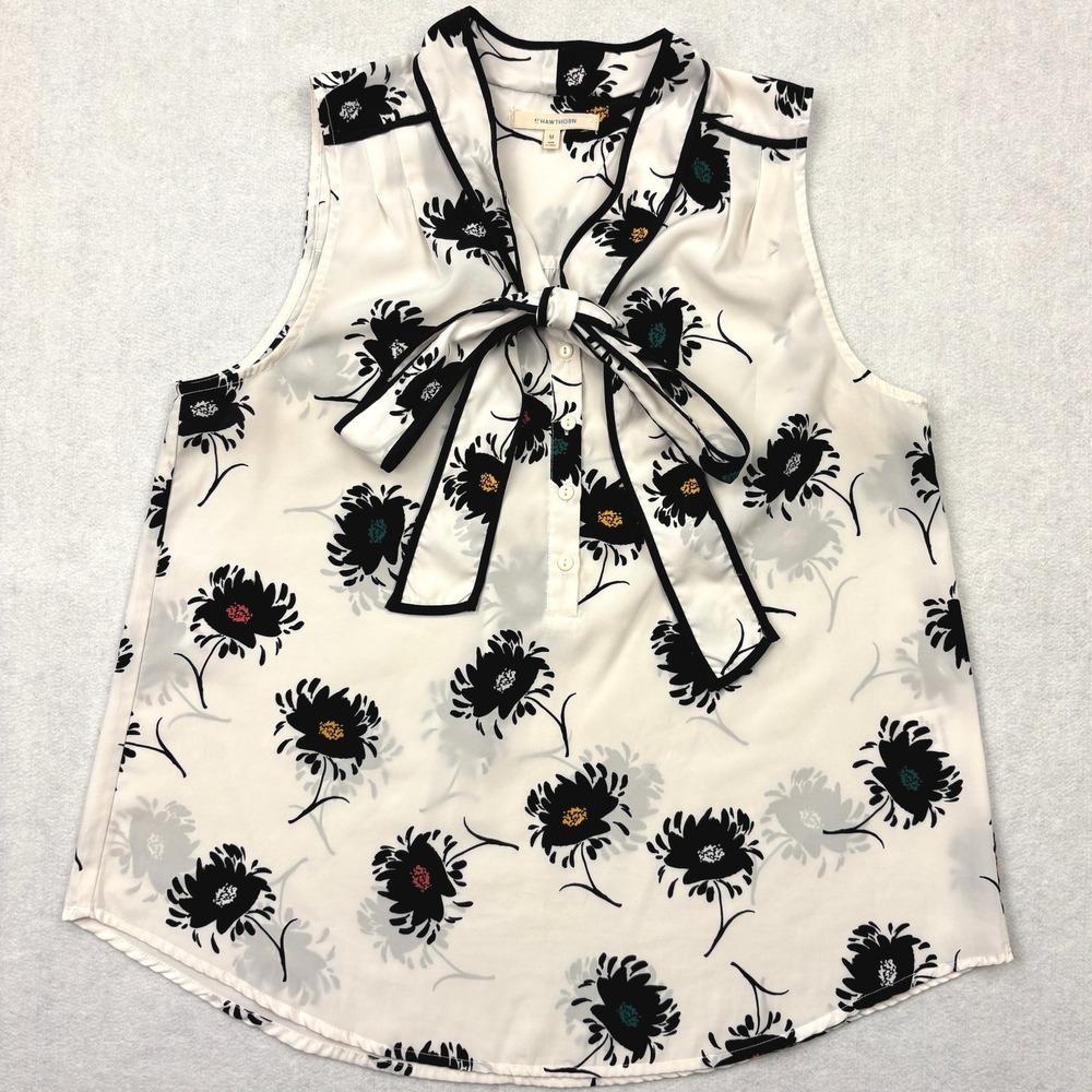 41 Hawthorn Women Medium Floral Sleeveless Blouse with Bow White Black Size M